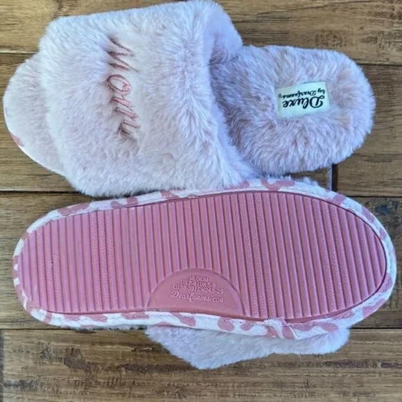 Dearfoams Dluxe Super Mom Faux Fur Plush Slide Slippers Blush Pink Size 7-8 NWOT - Picture 9 of 11